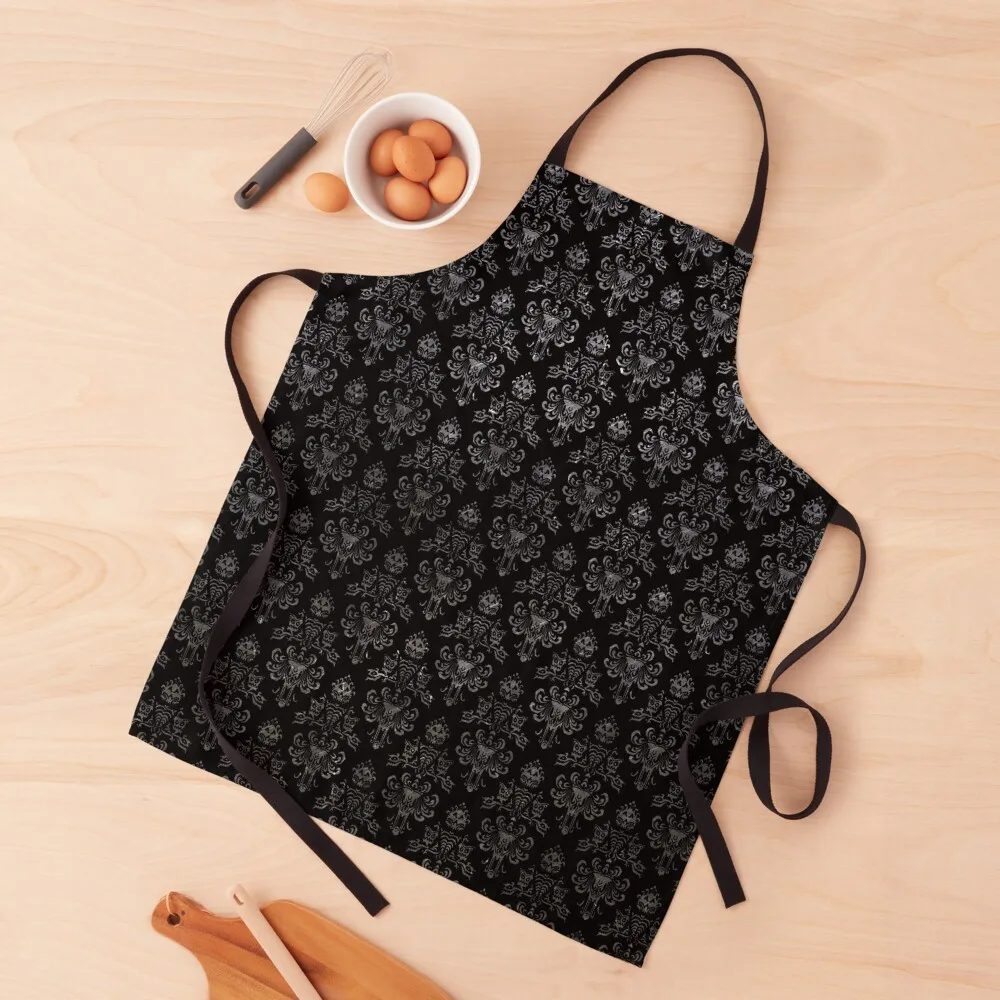 

Haunted Mansion Wallpaper Black and Silver Apron for women with pocket Home Utensils For Women Apron
