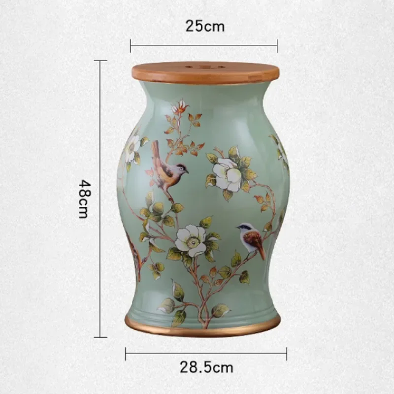 

European Drum Ceramic Stool, Makeup Stools with Wooden Lid, Storage Ottomans, Shoe Bench, Chinese Zither Stools, 28*48cm