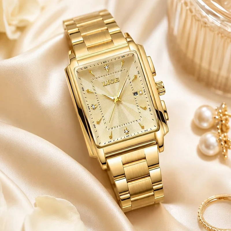 LIGE New Creative Gold Steel Square Women's Bracelet Watch Fashion Waterproof Quartz Wristwatch Ladies Watches Relogio Feminino