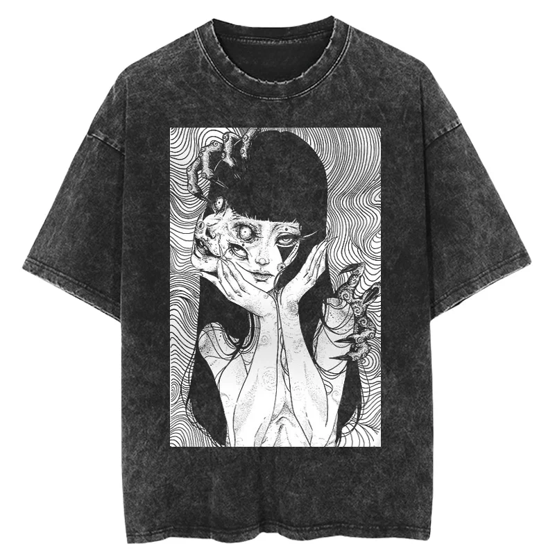 Summer Tomie Junji Ito Retro Washed Antique Short-Sleeved T-Shirt Men's Trendy Brand Japanese High Street Hip-Hop Shirt