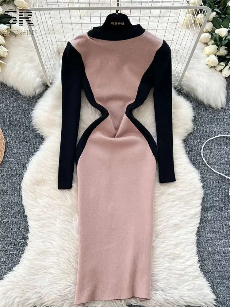 BabYoung الشتاء كتلة اللون محبوك فستان المرأة عادية س الرقبة طويلة الأكمام مطاطا موضة الخريف السيدات فساتين سترة شتاء