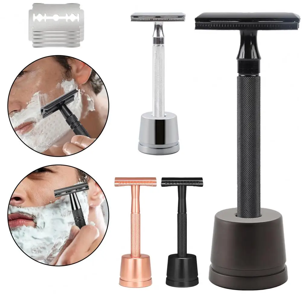 Men Safety Razor with Stand Stainless Steel Blade Cleaning Brush Double-sided Portable Travel Manual Shaving Razor for Men