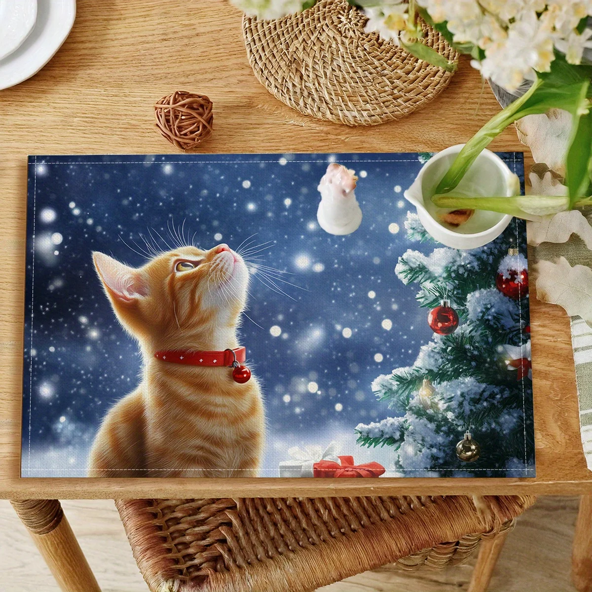 Christmas Placemats with Cat Tree Snowflake and Gift Patterns, Polyester Fabric, Digital Printing, Size 45x30cm Holiday Table