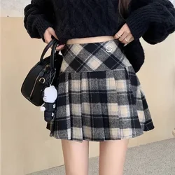 Deeptown Ekose Yün Etek Vintage Kawaii Tatlı Kore Moda Mini Etek Tiki Tarzı Sevimli Sonbahar Kış Patchwork Kısa Etekler