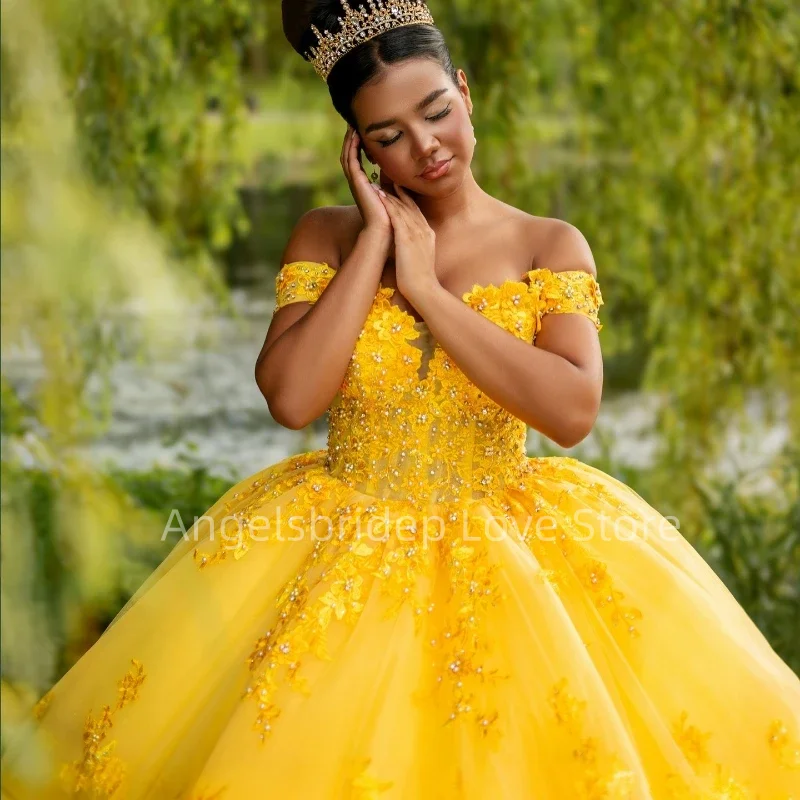 Angelsbride Customized Shiny Yellow Ball Gown Quinceanera Dresses 2025 Appliques Evening Beading Dress Vestido De 15 Quinceañera