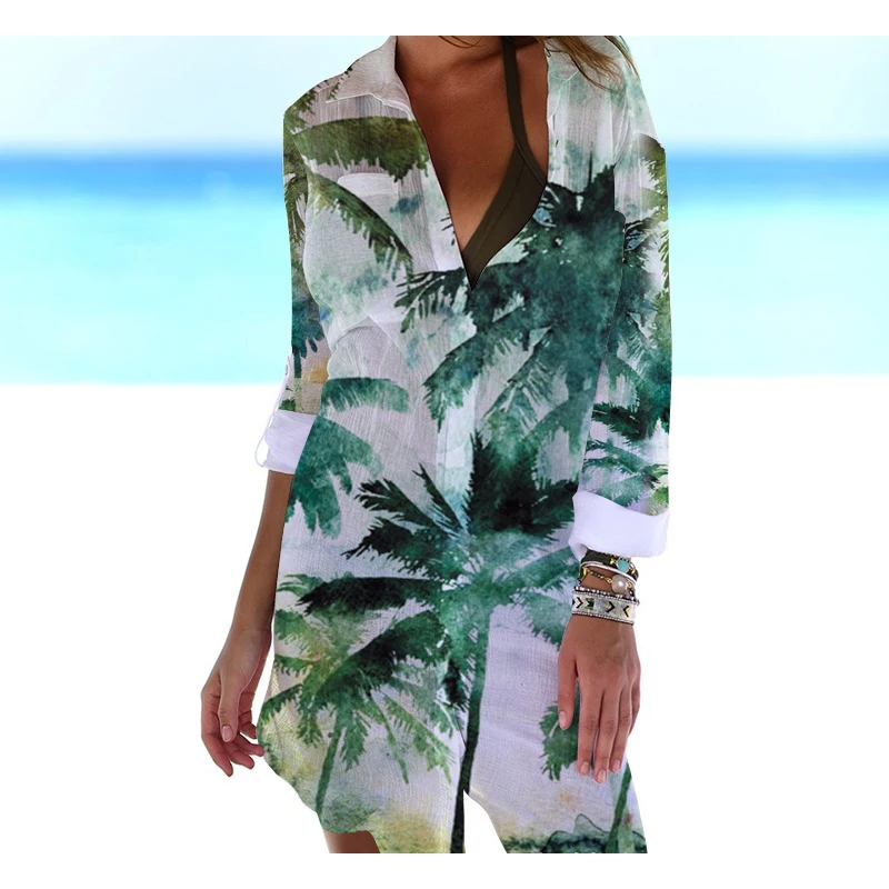 Hawaiian Coconut Tree 3D Print Beach Blouses Summer Women Long Sleeve Mid-length Shirts Buttons Blusas Woman Pocket Tops Blouse