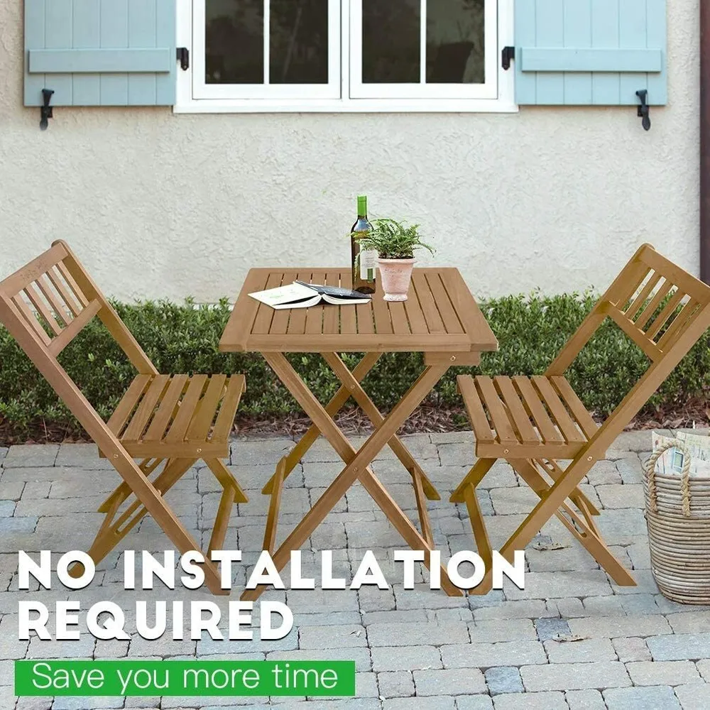 アカシア材折りたたみパティオビストロテーブルと椅子3点セット、ナチュラルオイル仕上げ