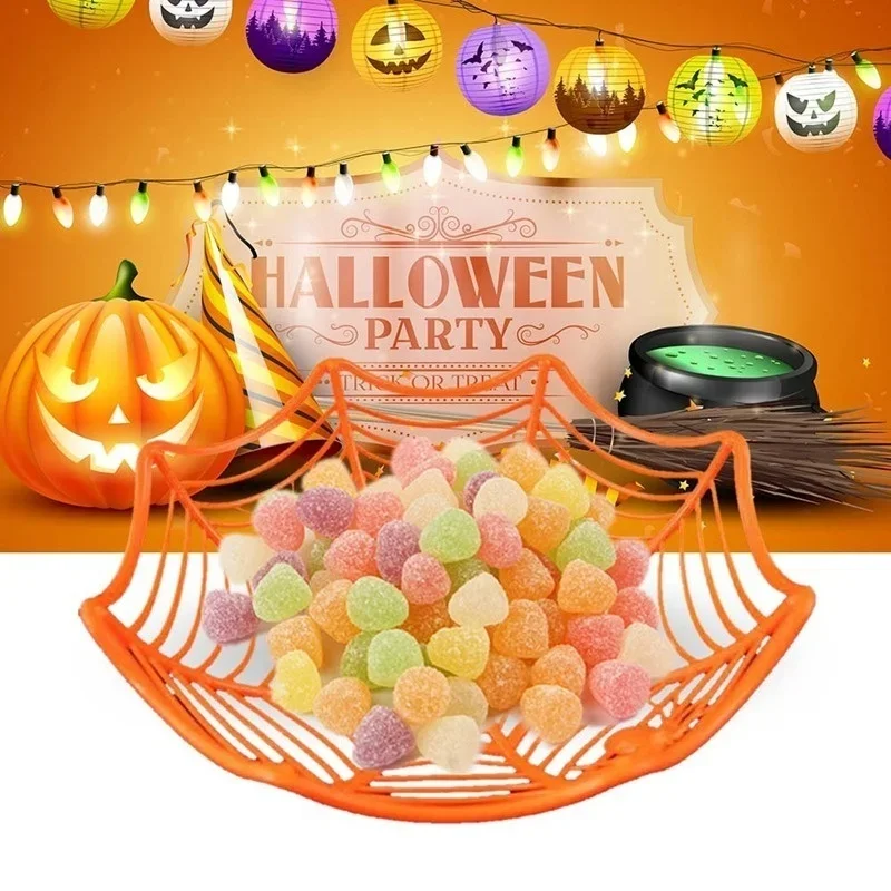2026 Halloween Spider‑Web Design Candy Bowl Black Orange Plastic Fruit Plate Snack Storage Basket Home Party Decor Accessory