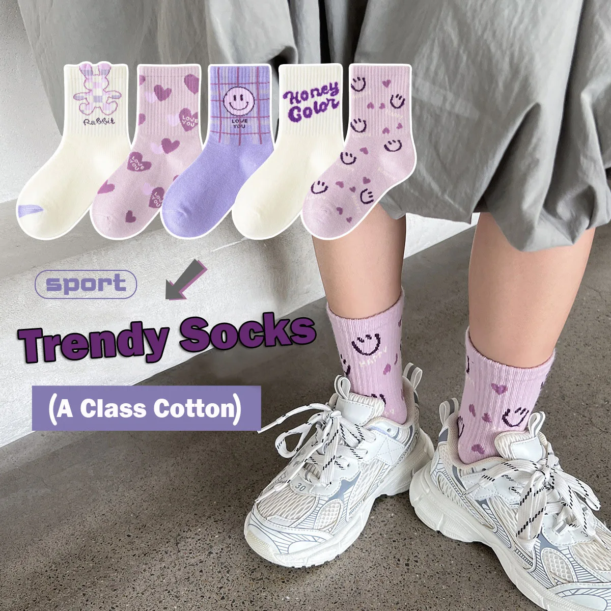 Children's Socks Spring Autumn Cotton Socks Girls Trendy Sporty Medium Socks Baby Smiling Face Pattern Socks 5 Pairs/lot