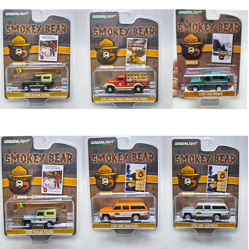 

Greenlight Smokey Bear Set of 6 Cars Series 1/64 Diecast Model Cars By Campmobile Pickup Truck 1980 Patrol with Canoe on Roof