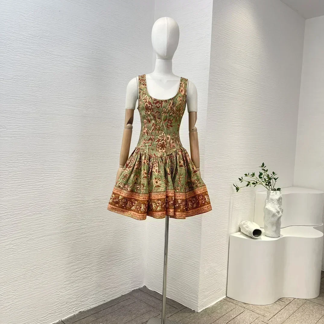 

Self-tie Back 2023 Latest New Linen High Quality Green Floral Print Sleeveless Square Collar Women Mini Tank Dress for Holiday