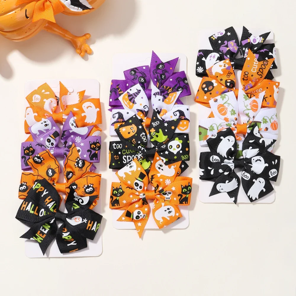 4 teile/satz Halloween Cheer Bow Haars pange für Kinder lustige Kürbis Haarnadel Band Bowknot Haars pange Mädchen Kopf bedeckung Haar Zubehör – Detail 2
