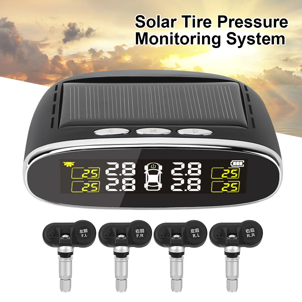 

Solar Power TPMS LCD Display Car Tire Pressure Alarm Monitor System With 4 Internal/External Sensor Temperature Alert