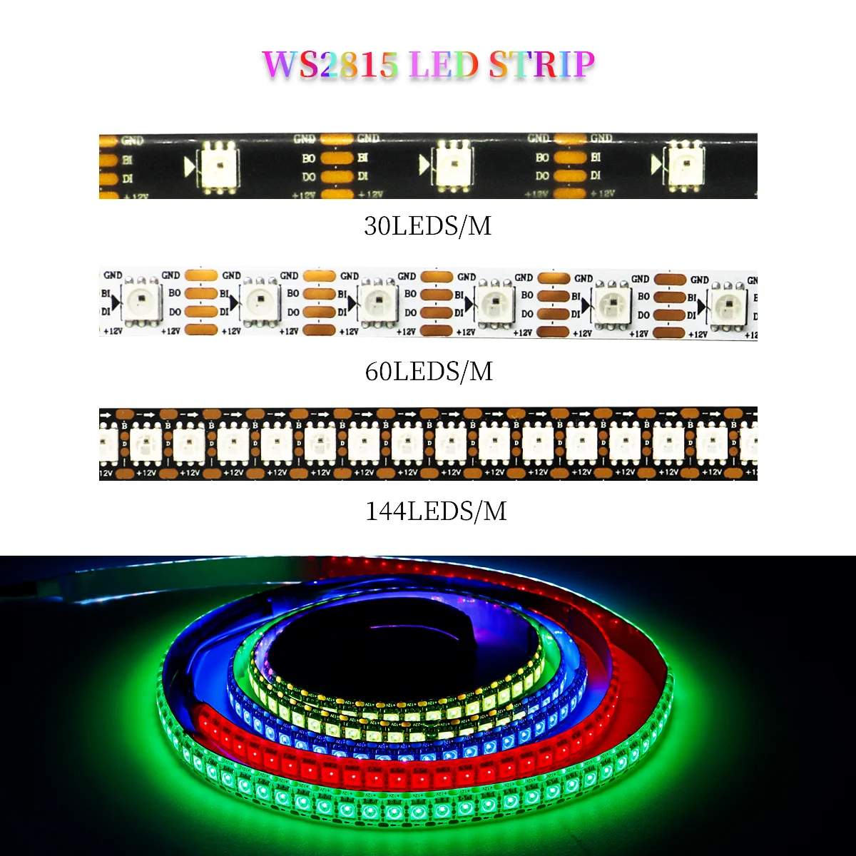 

WS2815 программируемая Светодиодная лента 5050RGBIC индивидуально Адресуемая ИС 30/60/144 светодиодов/м лампы с 17/21-клавишным светодиодным контроллером DC12V