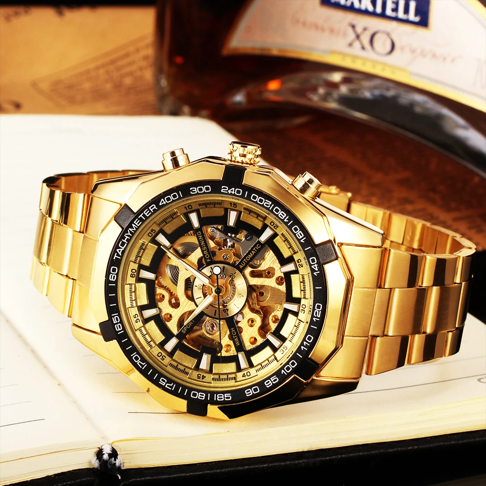 FORSINING Fashion Sport Skeleton Watch for Man Classic Automatic Mechanical Luminous Pointer Stainless Steel Business Male Clock