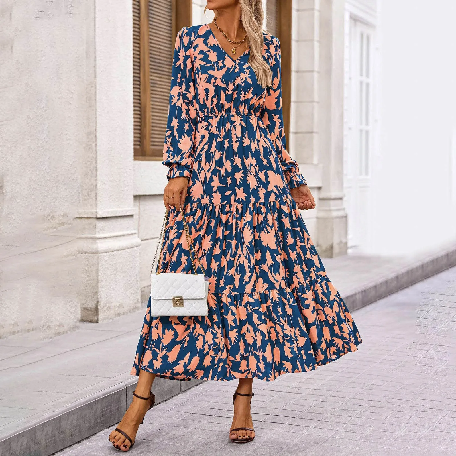 Women Autumn Summer Dresses Casual Long Sleeve V Neck Maxi Vestidos Floral Boho Long Dresses vestidos de fiestas elegantes mujer