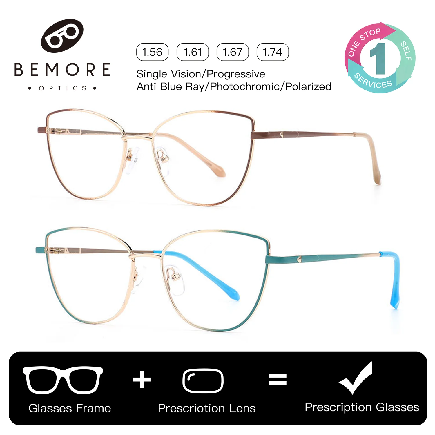 

BEMORE Butterfly Ultralight Metal Progressive Multifocal Lenses Woman Anti-Blue Ray Cat Eye Photochromic Prescription Eyewear