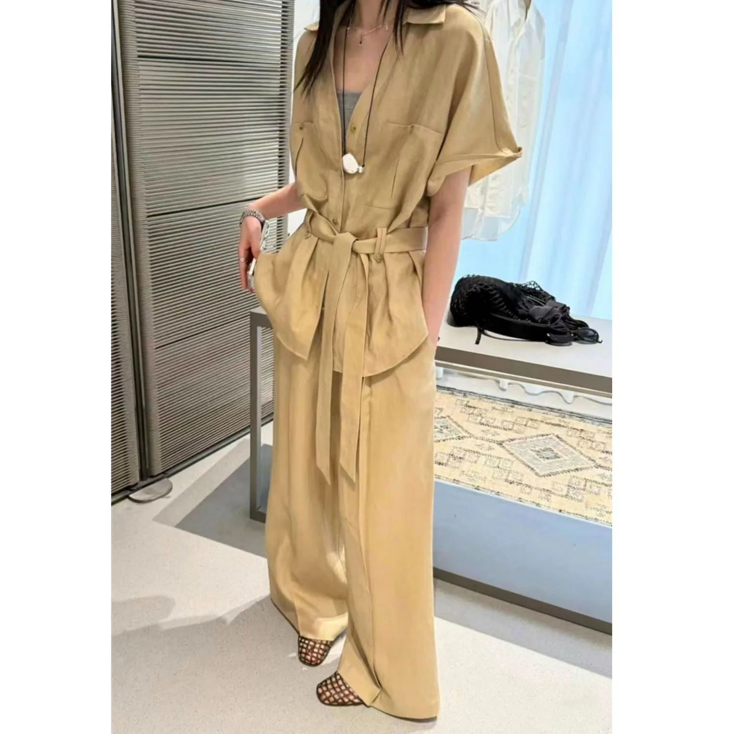 Slimming Effect Korean Sle irt Top And Wide Leg Pants Two Piece Set Women's Faion Summer 2025 Elastic Waist Design