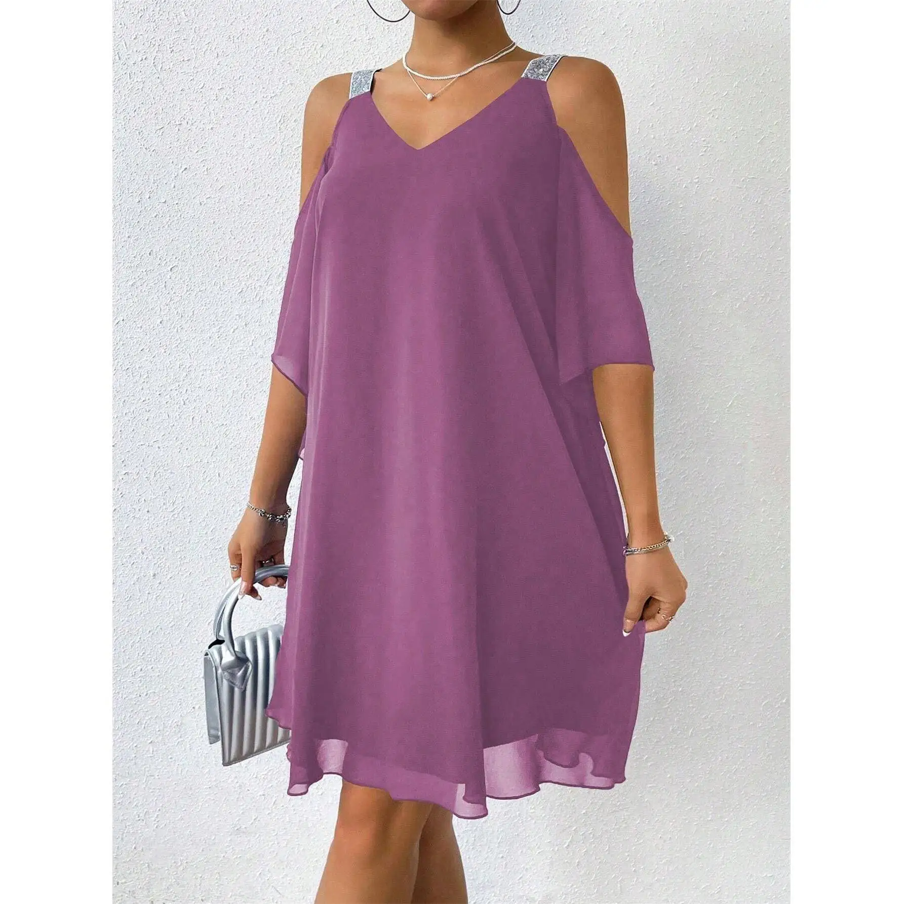 Faionable Color V-Ne oulder Bared Chiffon f Sve Dr met geplooide comfortabele zachte polyester lente S...