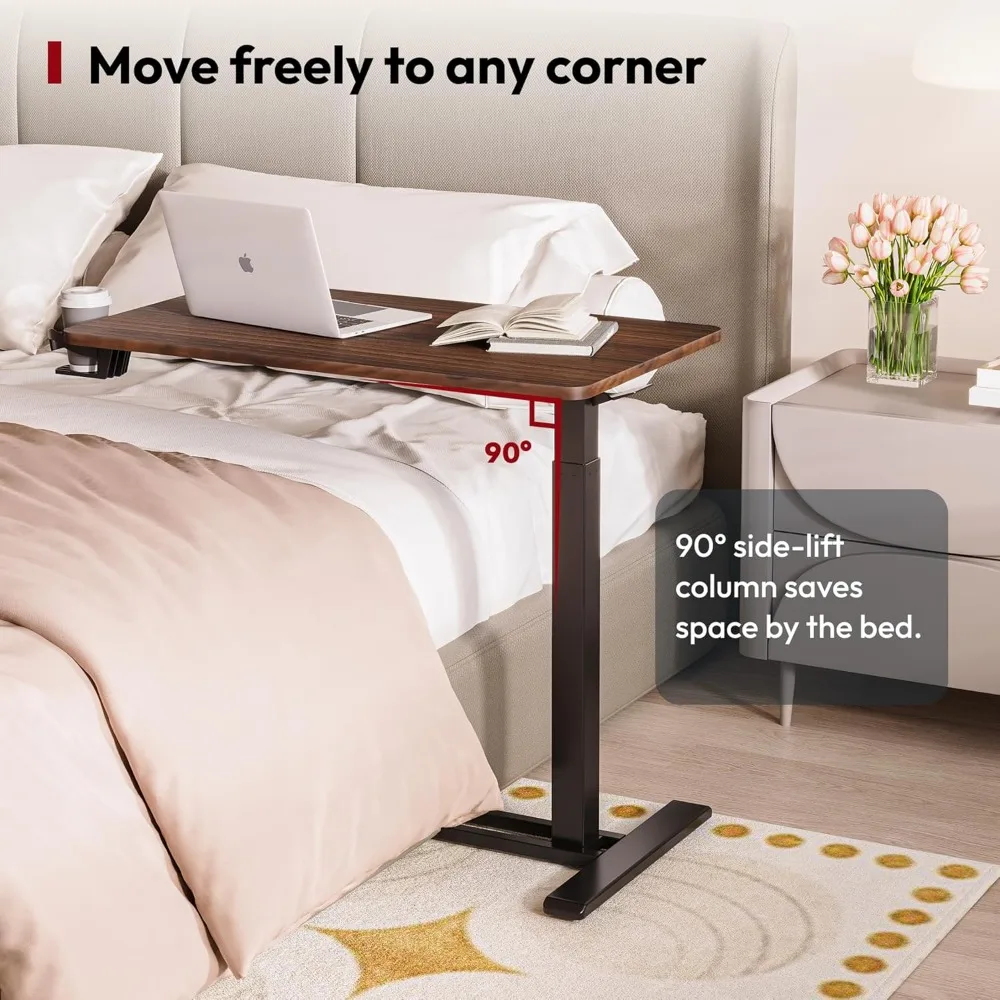 Medical Adjustable Overbed Bedside Table with Hidden Casters, Pneumatic Mobile Laptop Computer Standing Desk Cart with Tray, Ho