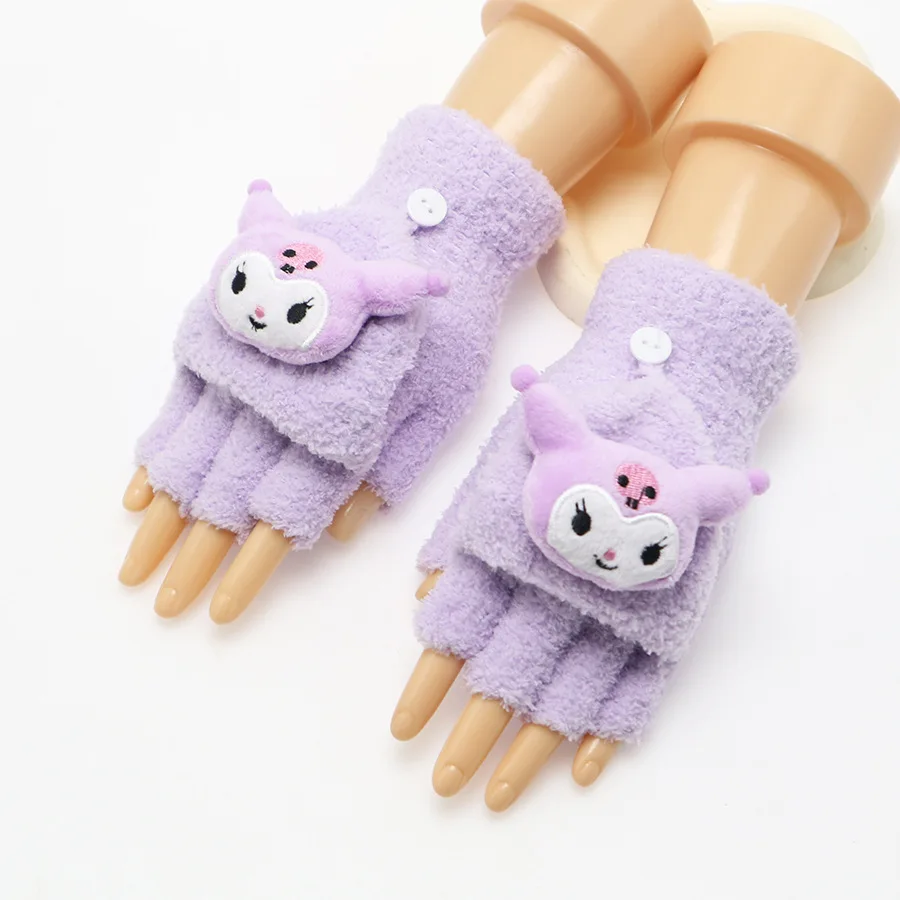 Sanrio Hello Kitty Winter Gloves Cute Kuromi Cinnamoroll Warm Half Finger Gloves Open Flap Knitted Thick Women Mitt Screen Touch