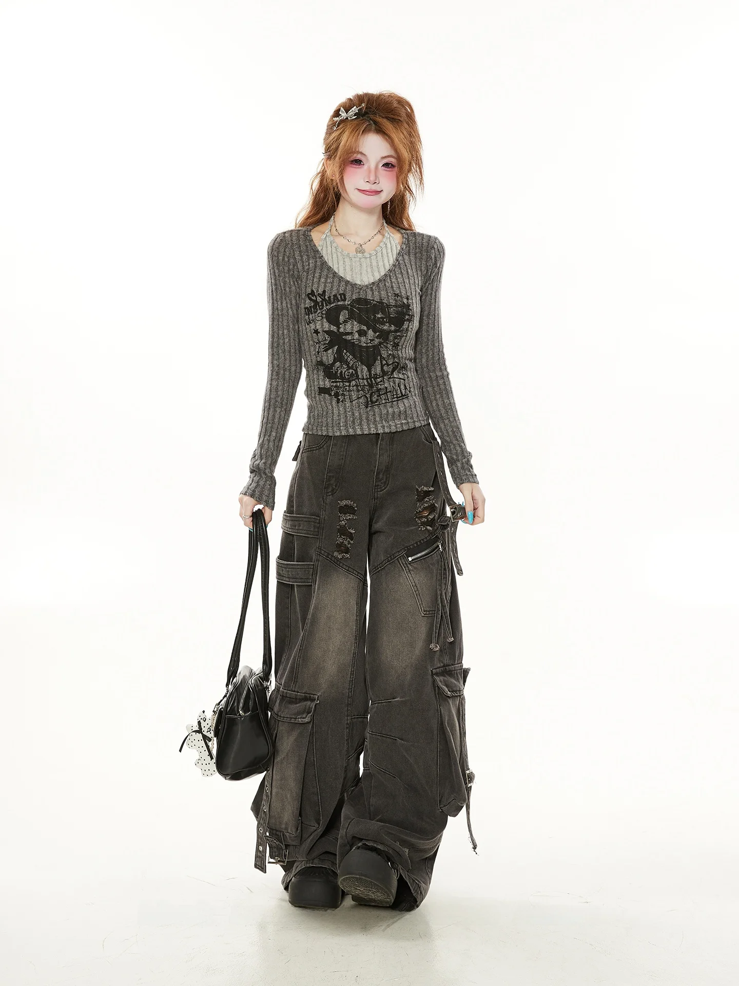 

Ele Unique Fake Two-Piece Long Sve Women's T-irt V-Ne Casual Slim Fit Spring Design Beautiful Slimming Top