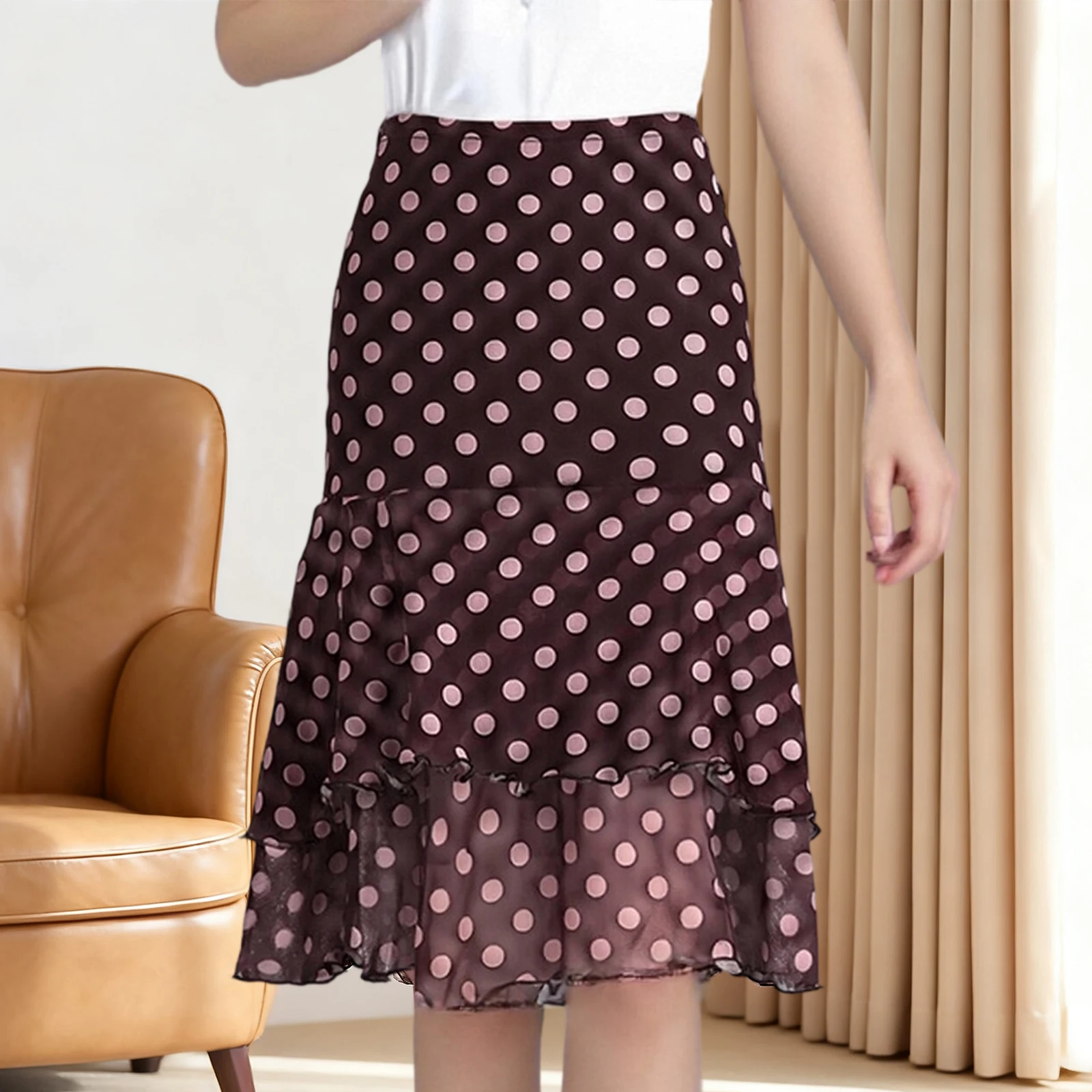 تنورة نسائية متوسطة الطول منقطة عصرية ذات طبقات مكشكشة تنورة فضفاضة بطول الركبة لملابس غير رسمية للعمل على الشاطئ