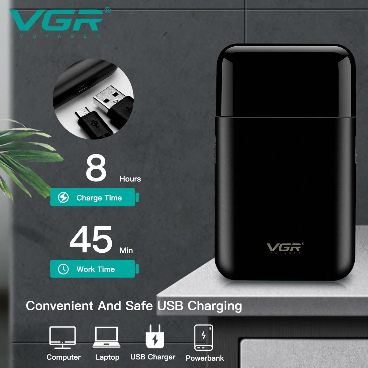 VGR Rasoir Électrique Professionnel Rasoir Portable Mini Rasage Machine USB Charge Barbe tondeuse pour Hommes V 390