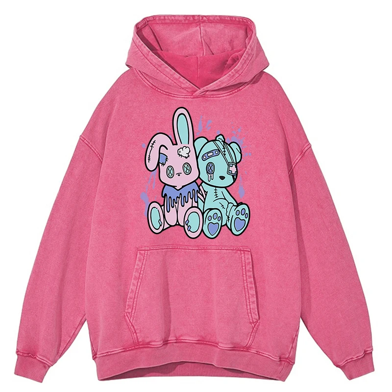 Retro Distressed Wash Pink Rabbit Blue Rabbit Cartoons Graphic Men Hooded Oversized Clothes Hoodie Hip Hop 100% Cotton Pullover