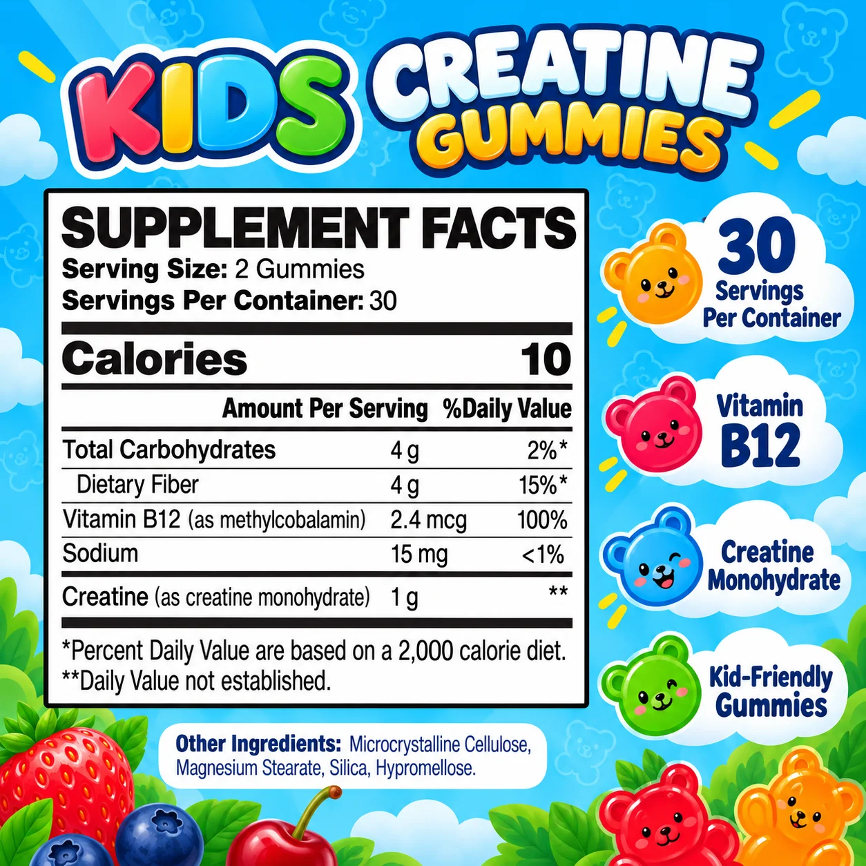 Kids Creatine Gummies - Supports Healthy Growth and Development, Brain Health, Improve Focus and Learning, Maintain Vitality