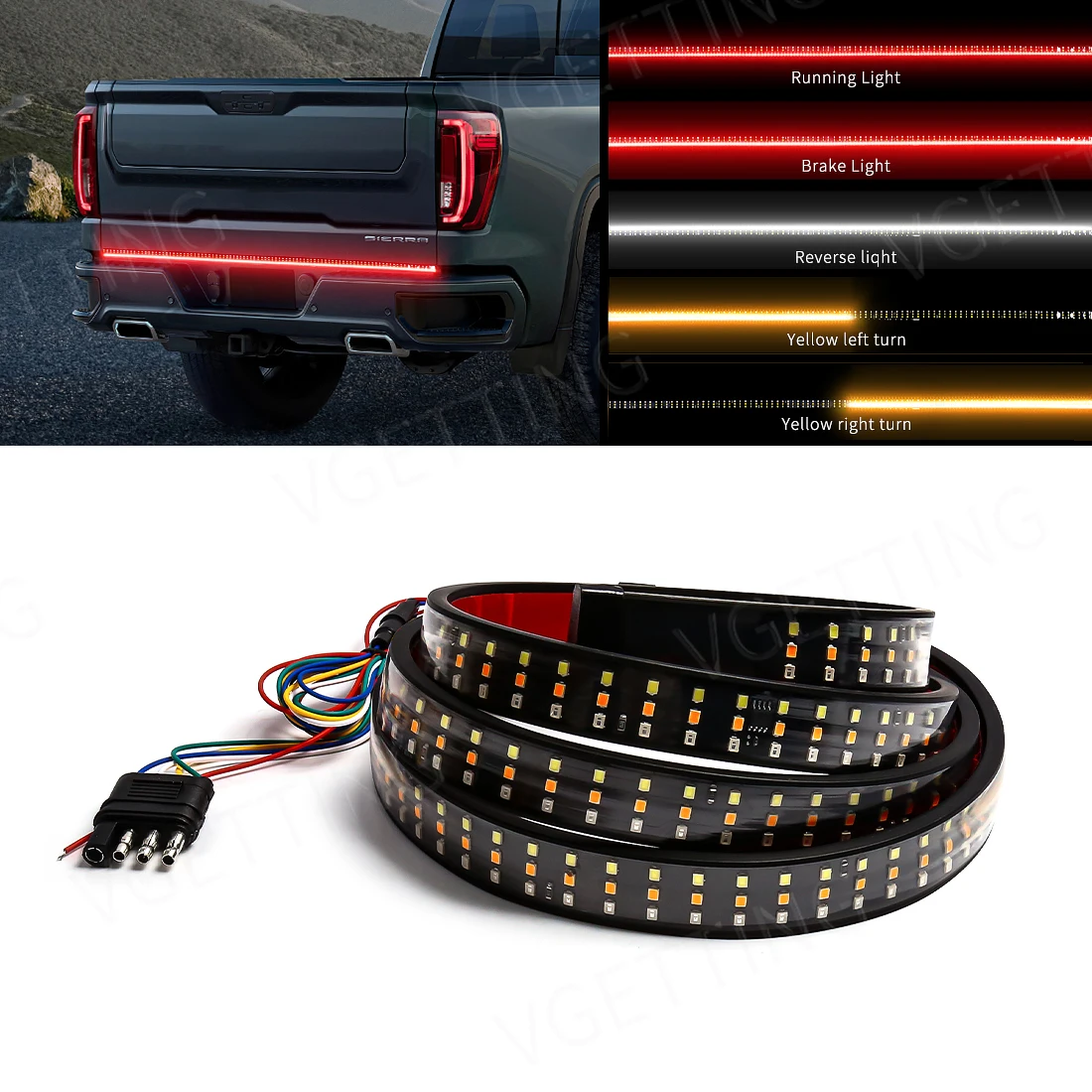 Car Pickup 60 Inch Triple Row LED Tailgate Light Bar 5-Function Turn Signal Indicators Brake Warning Reverse Lamp Running Light