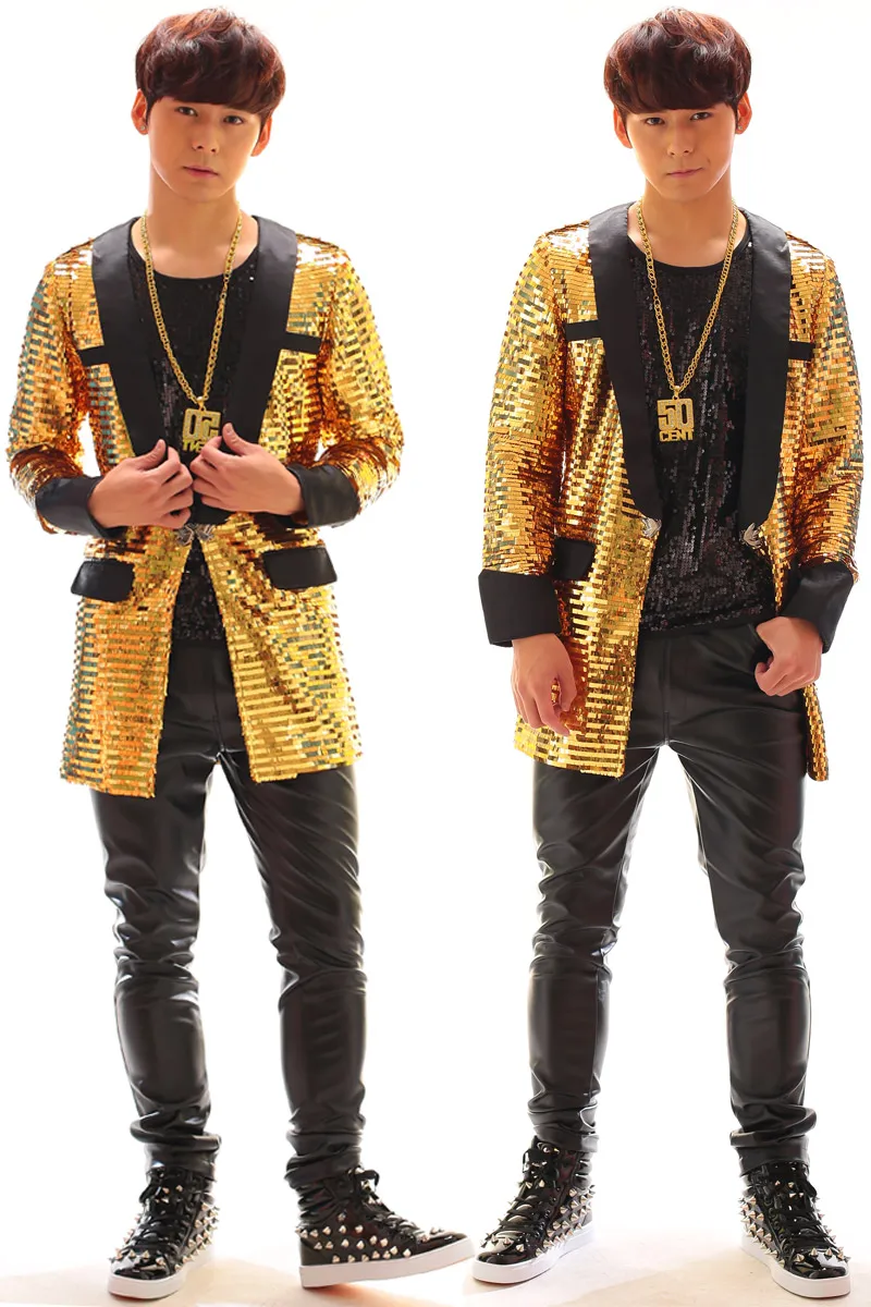 Nightclub DJ Men's Fashion Show Suit Coat Color Changing Sequin Long Style Jacket Streetwear Male Singer Performance Costume