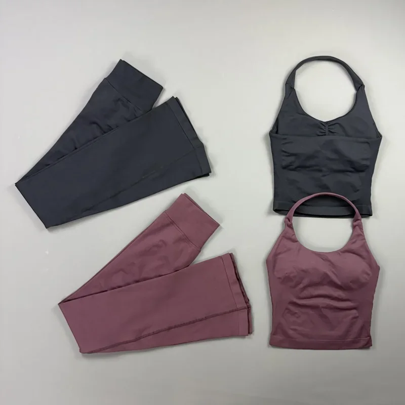 Sports Halter Top Flare Leggings Set Seamless Gym Flared Pants Solid Color Sexy Backless Yoga Vest Pilates Workout Fitness Set