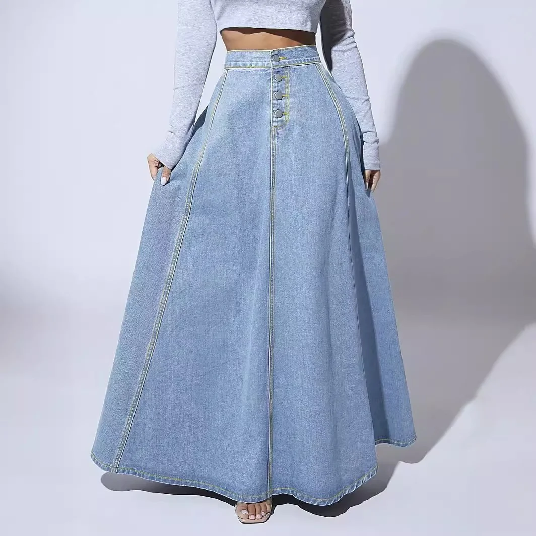 ارتفاع الخصر زر أسفل تنورة طويلة الدنيم المرأة الشارع Sle ألف خط ماكسي التنانير القطن مزيج سستة إغلاق لون نقي #1
