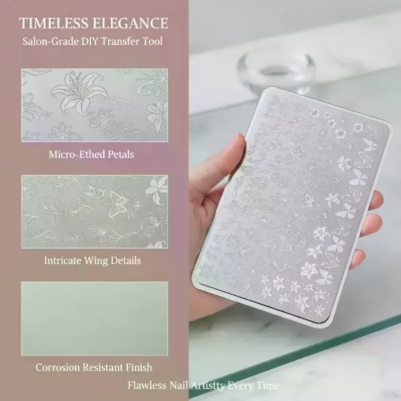 Eco-friendly Nail Art Transfer Stamping Steel Plate Flower Butterfly Bow Pattern Template for Salon Home Use