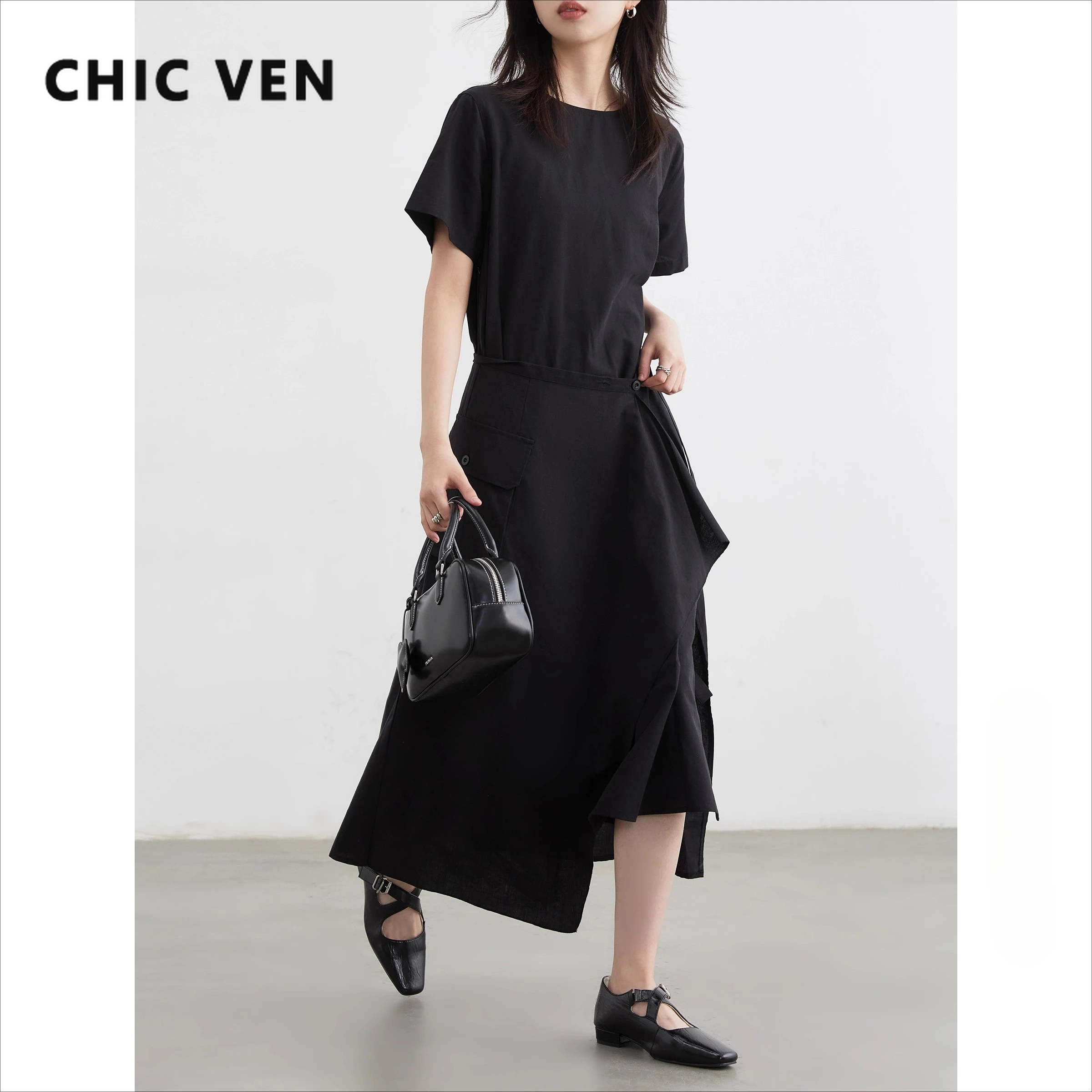

CHIC VEN Women Dresses Solid Black Loose Casual Short Sleeve Linen Female Dress Irregular Cut Pieces Belt Spring Autumn 2025
