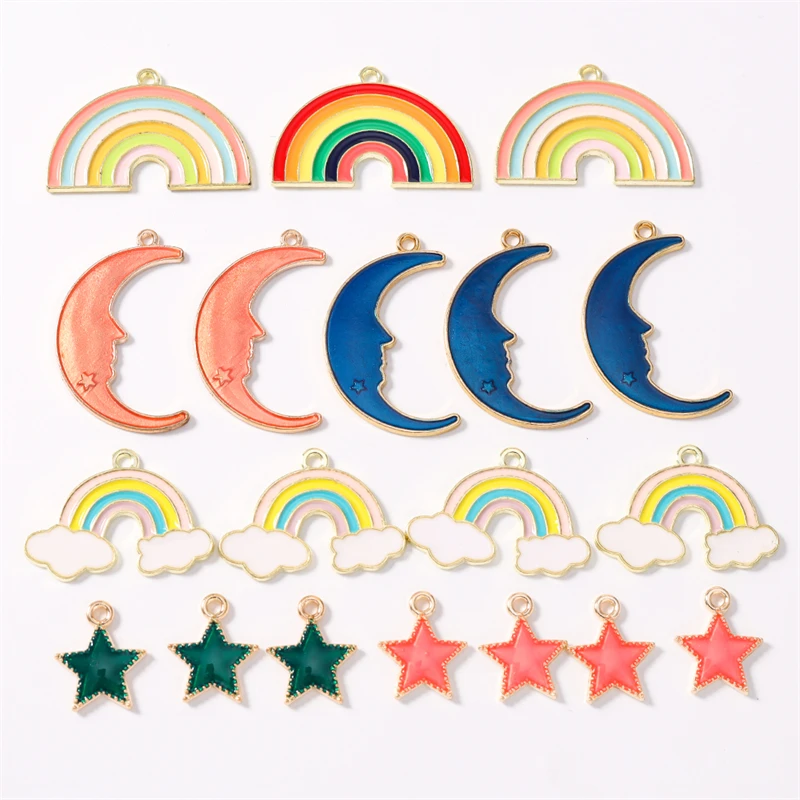 10 Stück niedliche, gemischte Emaille-Anhänger in Form von Regenbogen, Mond und Stern für die Schmuckherstellung, Ohrringe, Halsketten, Armbänder, DIY-Bastelarbeiten und Accessoires. – Detail 1