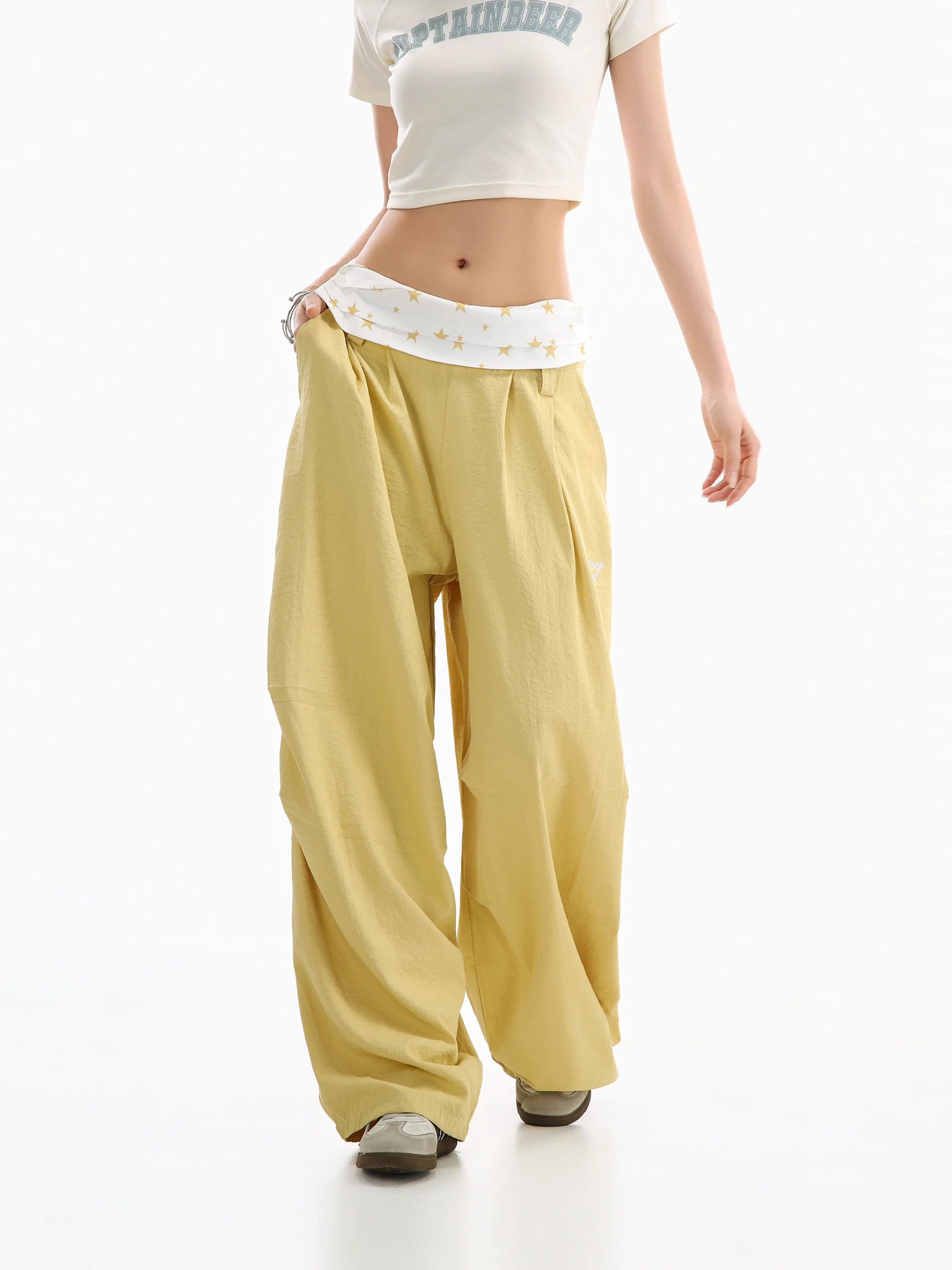 

Citrus Yellow Wide Leg Pants Women's Casual Trousers Star Waist Conceal Meat Slimming Loose Fit Straight Cut City Walk