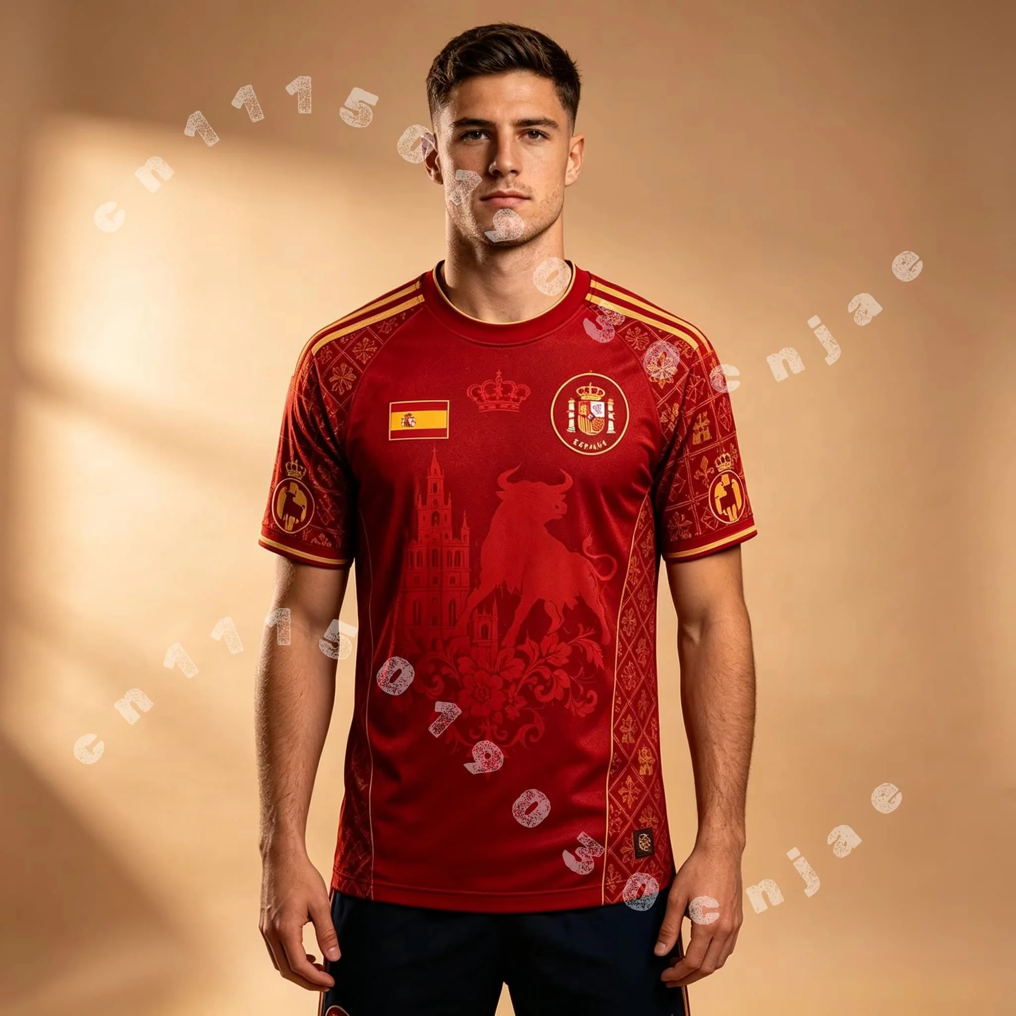 Schnell trocknendes Fußballtrikot für Herren, rotes Fußball-Fan-T-Shirt mit goldenem Stier-Kathedralen-Prägedruck und kurzen Ärmeln für den Trainingssport – Detail 3