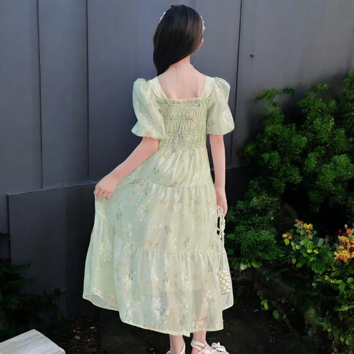 Girls Princess Dresses Baby Kids Flower Tutu Dresses Short Sleeve Green Prom Outfits Summer Children Costumes 4 6 8 10 12 Years