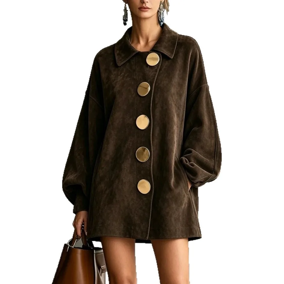 Notch Lapel Coat Turn Down Collar Relaxed Fit Medium Thickness Mid Length Women Jacket with Professional Elegant Commuter Chic