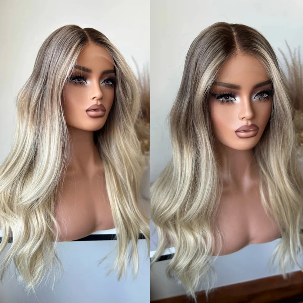 Synthetic Lace Front Wigs For Women Body Wave 24 Inch Loose Wave Lace Wig Ombre Blonde Brown Rooted Free Part Wig Cosplay Party