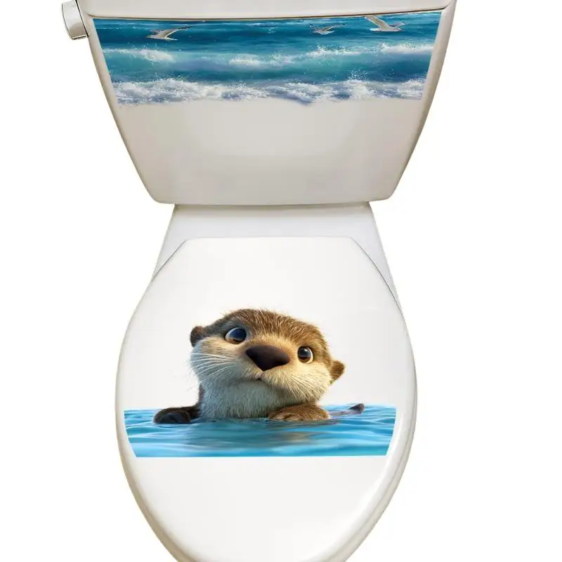 Cute Sea Otter Ocean Wave Toilet Lid Tank Self Adhesive Removable Sticker Waterproof Bathroom Decor Decal
