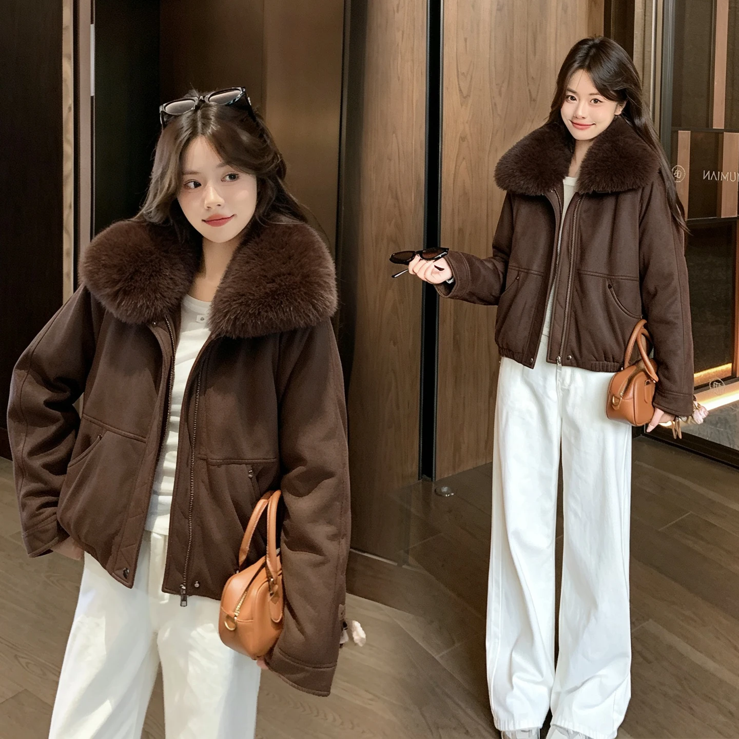 Women Suede Parkas Jacket Winter Detachable Faux Fox Fur Collar Thicken Short Coat Ladies Elastic Hem Pockets Outerwear Clothing