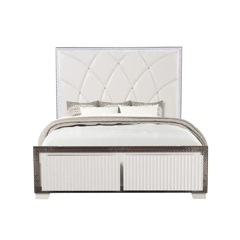 طقم غرفة نوم معاصرة مكون من 5 قطع مع لمسات جانبية على شكل ألماس، وإضاءة LED، ولمسة نهائية من الخشب الأبيض، ومخزون NJ #2