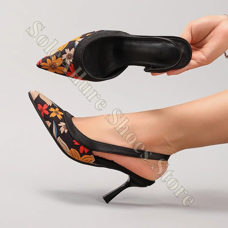 

Floral Print Slingback Heels Pointed Toe Stiletto Heels Comfortable Non Slip Sole Elegant Party Office Casual Wear Sandals