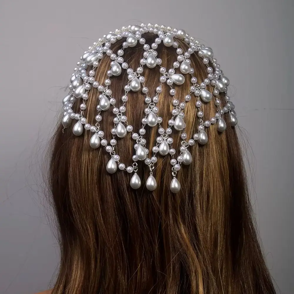 

Bar Mitzvah Crown Grid Hair Band Net Shape Rhinestone Pearl Princess Hair Band Headband Alloy Bride Tiaras Hair Jewelry