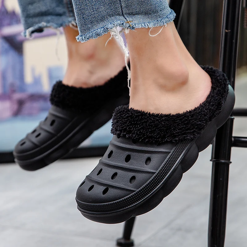 Men\'s and Women\'s Model Waterproof EVA Warm Fur Wrapped Slippers for Household Use Cotton Shoes Fur Slides Plush Winter Slippers