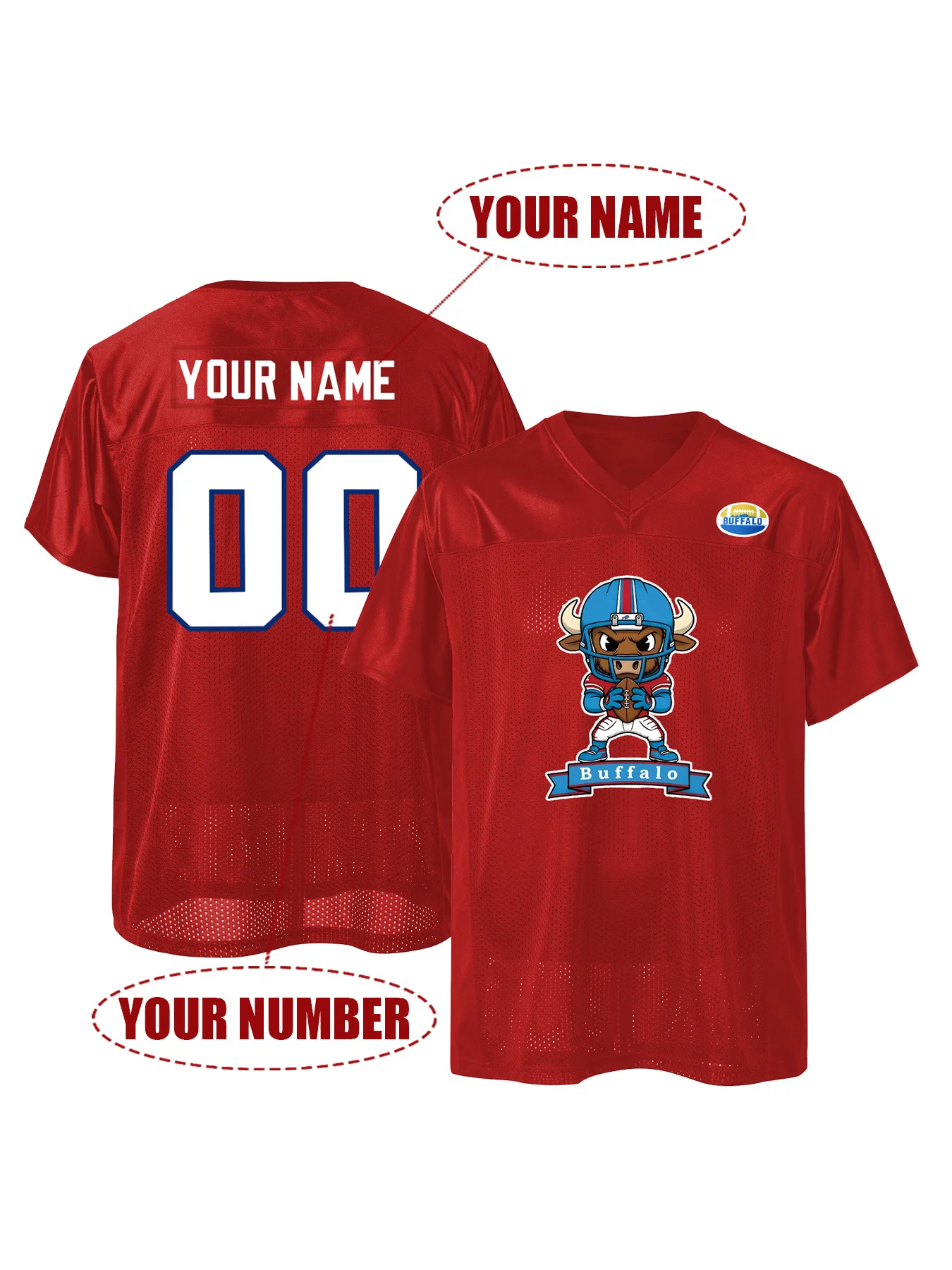 Custom American Football Jersey Personalized Name Number Buffalo Cartoon Mascot Breathable Mesh for Men Women Youth Fan Gift