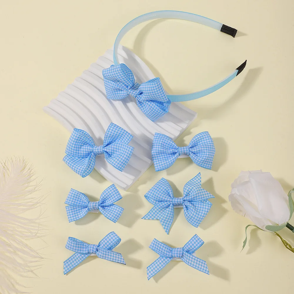

7pcs/set Blue Plaid Fabric Hair Clip for Girl Children Butterfly Elegant Fashionable Hair Clip Children Baby Hair Accessories